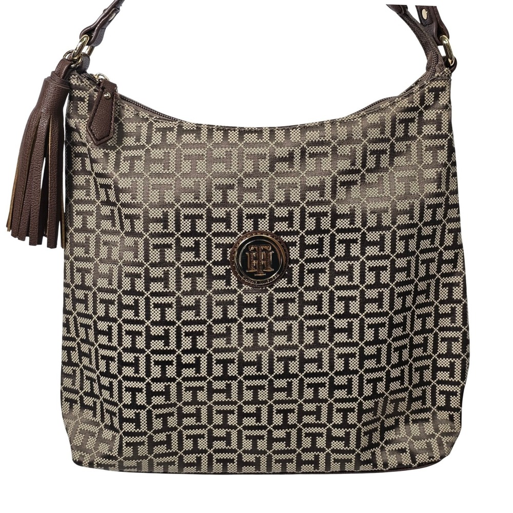 Tommy Hilfiger Hobo Bag Shoulder Purse Monogram Brown Tassel Logo Canvas Medium - Picture 3 of 16